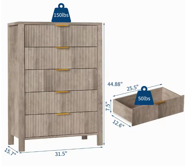 5-Drawer Tall Oak Dresser With Gold Handles, Modern Wood Storage Cabinet Organizer For Bedroom, Living Room, Hallway & Entryway