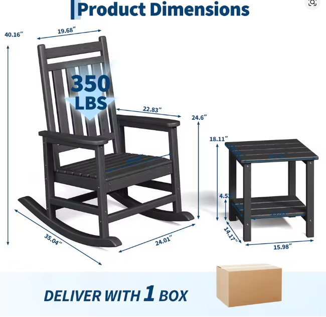2-Piece Outdoor Poly Lumber Rocking Chair Set With Side Table, HDPE High-Back Adirondack Porch Rockers, All-Weather Resistant