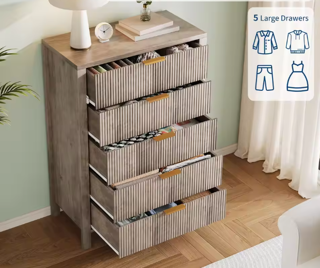 5-Drawer Tall Oak Dresser With Gold Handles, Modern Wood Storage Cabinet Organizer For Bedroom, Living Room, Hallway & Entryway