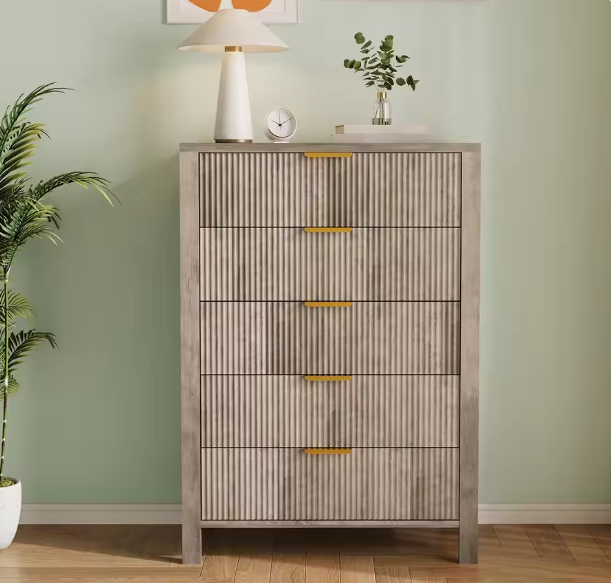 5-Drawer Tall Oak Dresser With Gold Handles, Modern Wood Storage Cabinet Organizer For Bedroom, Living Room, Hallway & Entryway