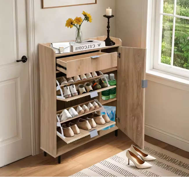 Shoe Storage Cabinet With Flip Drawers, Freestanding Narrow Entryway Shoe Organizer With Adjustable Shelves, Modern Wave Pattern