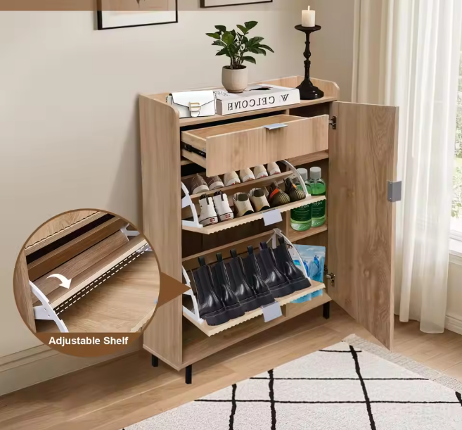 Shoe Storage Cabinet With Flip Drawers, Freestanding Narrow Entryway Shoe Organizer With Adjustable Shelves, Modern Wave Pattern