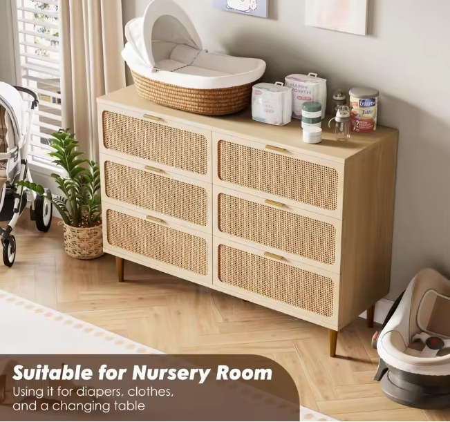  6-Drawer Rattan Dresser, Natural Hand-Woven Rattan & Wood Large Storage Dresser With Deep Drawers For Bedroom Living Room