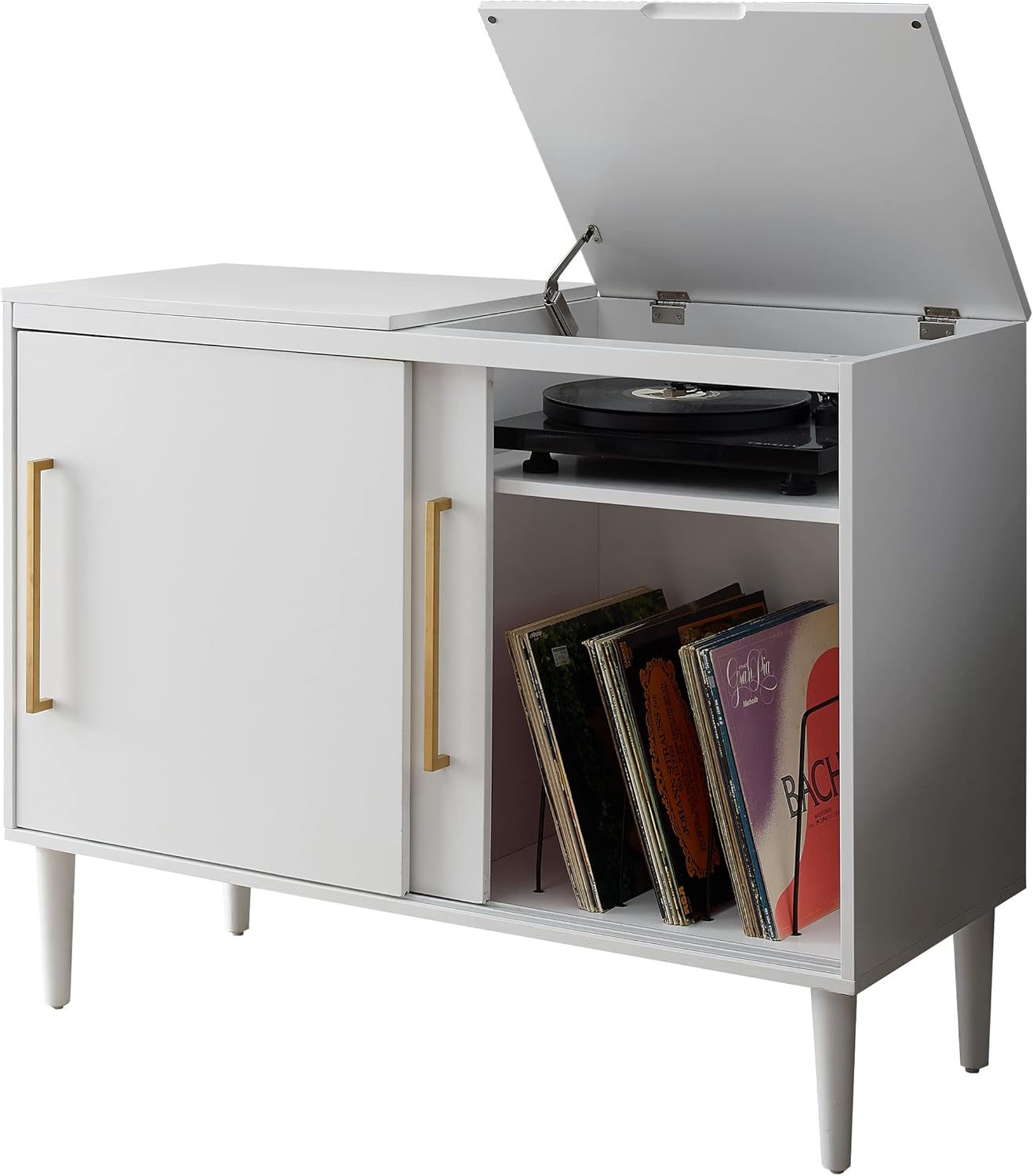 Crosley Furniture Everett Media Console and Record Player Stand with Storage for Vinyl Records, Matte Black White Mahogany Acorn