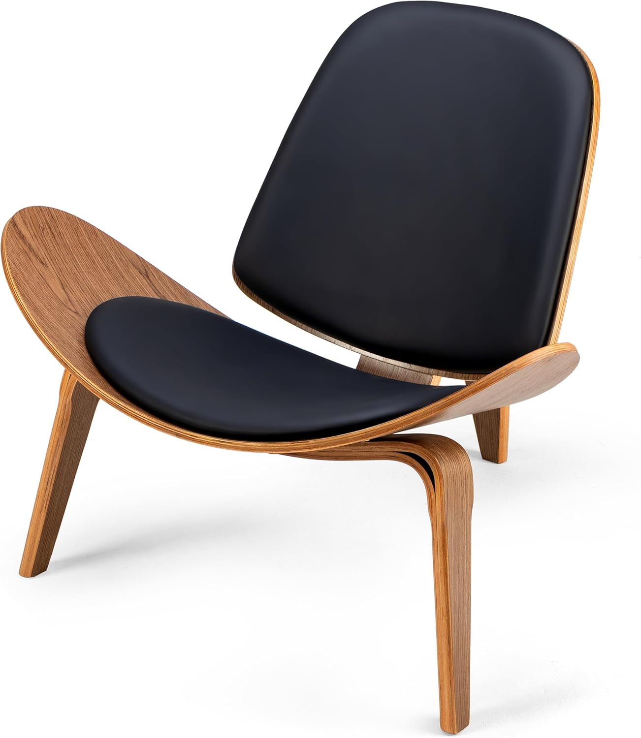 Legged Shell Chair Ash Plywood Accent Chair with Black Faux Leather Upholstery Living Room Furniture Mid-Century Modern Shell Chair - Walnut Wood - Black