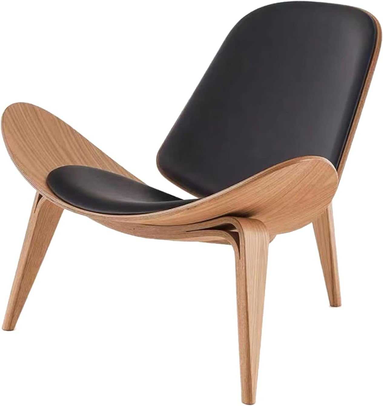 Legged Shell Chair Ash Plywood Accent Chair with Black Faux Leather Upholstery Living Room Furniture Mid-Century Modern Shell Chair - Walnut Wood - Black