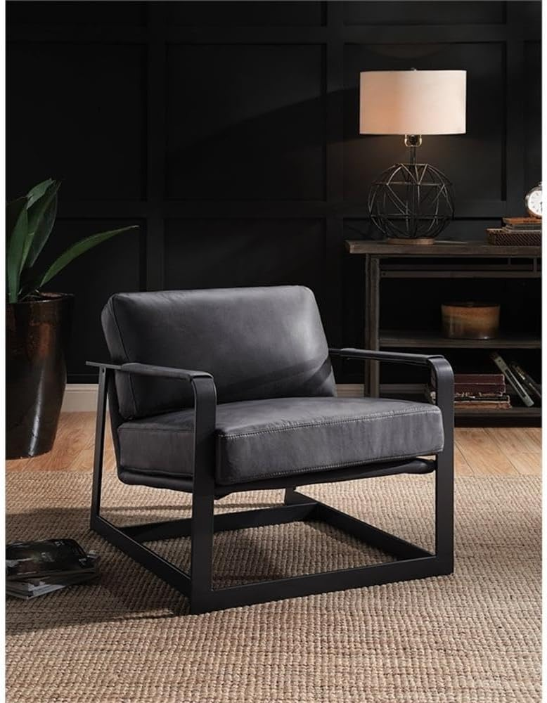 Top Grain Leather Upholstered Accent Chair in Gray and Black